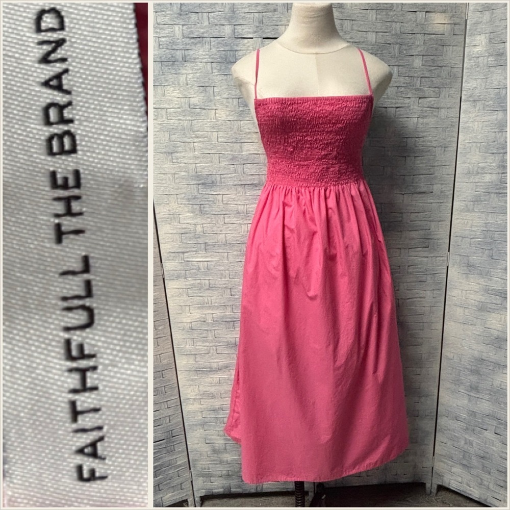 Faithfull the Brand Hot Pink Smocked Midi Dress